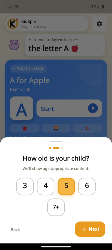 KidSpin welcome flow — How old is your child? Age picker from 3 to 7