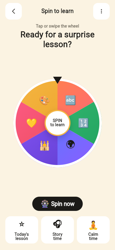 Spin to learn — colorful spinning wheel with module icons
