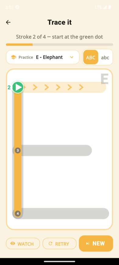 Trace the letter — guided stroke tracing with numbered start dots and corridor